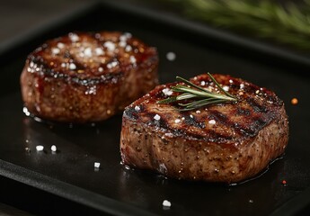 Grilled Beef Steak with Sea Salt and Rosemary Garnish Served on a Black Plate in a Gourmet Presentation for Fine Dining Experience