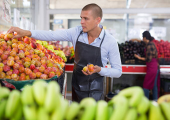Confident successful greengrocery owner preparing fresh fruits and vegetables for sale on counter..