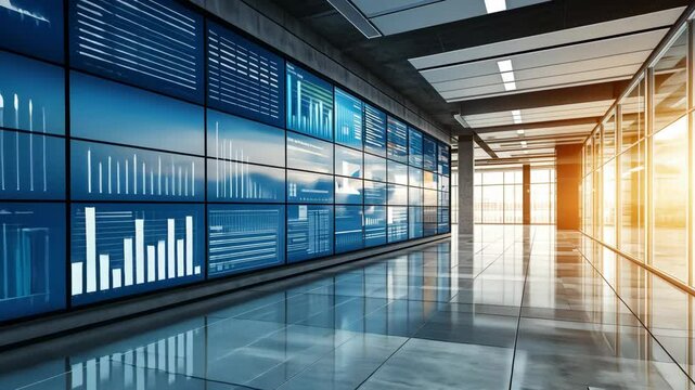 Modern office interior featuring large digital displays and vibrant sunlight illuminating a sleek workspace area