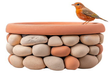 Stone and terracotta birdbath with a small bird perched on the edge.