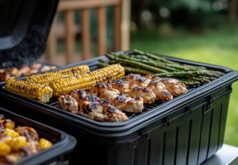 Grilled Chicken, Corn, and Asparagus on a Barbecue Grill Displayed in a Backyard Setting for Summer Cooking and Outdoor Dining Events