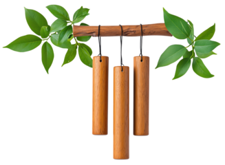 Natural wooden wind chimes hanging from a wooden branch with leaves.