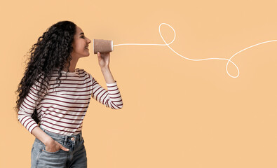 Romantic Arab Couple Communicating Through Tin Phone Over Yellow Background, Beautiful Middle Eastern Woman Sending Love Message Via Drawn String To Her Excited Boyfriend, Collage, Copy Space