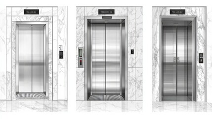 Three modern elevator designs with stainless steel doors and marble walls.