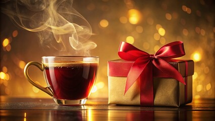 Double Exposure: Gift Box & Coffee - Festive Morning Surprise
