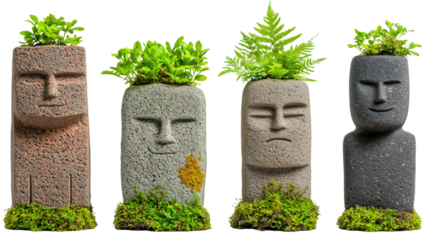 Stylized face-shaped pots featuring green plants and moss.