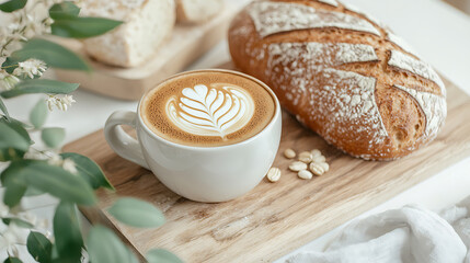 perfectly brewed espresso with latte art beside fresh loaf of bread, creating cozy and inviting atmosphere