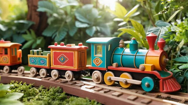 A wooden train with a red and yellow caboose and a green engine. The train is on a track surrounded by green plants