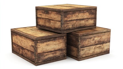 Stacked rustic wooden crates on white background; shipping, storage