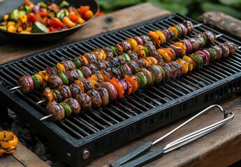 Grilled Skewers of Colorful Vegetables and Tender Meat Served on a Rustic Barbecue Grill Ready for a Summer Feast with Friends and Family Outdoors