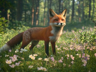 Obraz premium Sleek Red Fox in Lush Green Meadow with Blooming Wildflowers and Dense Forest Background