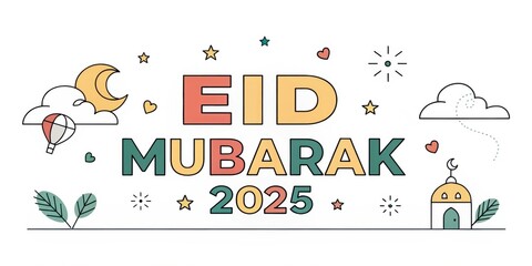 Eid mubarak 2025 festive greeting with crescent moon and stars