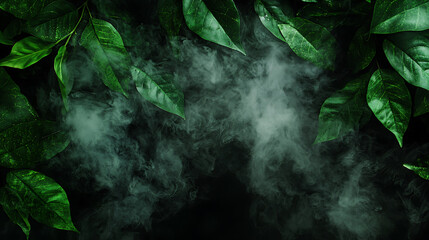 Fototapeta premium Lush green leaves surrounded by mist create serene atmosphere