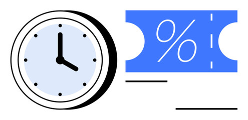 Clock next to a blue discount ticket with percentage sign. Ideal for promotions, sales deadlines, time-sensitive deals, flash offers, discount management, urgency marketing, limited-time events