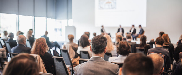 Interview and round table discussion at business convention and presentation. Audience at the...