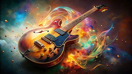 Obraz premium Double Exposure: Semi-Hollow Guitar & Abstract Music Notes