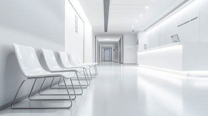 Minimalist hospital hallway with white decor, modern chairs and a clean and bright reception area.