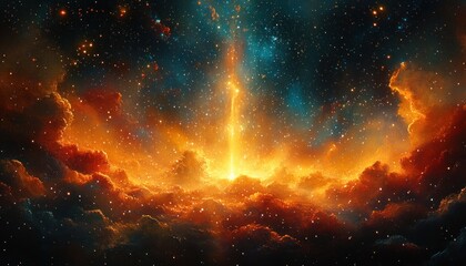 Obraz premium Sun Rays Light Overlay in Cosmic Scene with Ethereal Effect and Vibrant Colors on Black Background