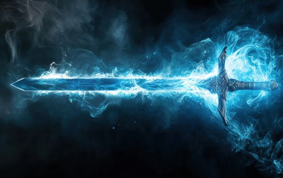 A powerful blue magic weapon sword with energy pulsating along the blade, ready for battle.