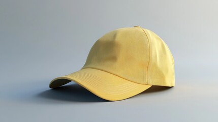 Fototapeta premium A yellow cap with a curved brim, resting on a light gray gradient background.