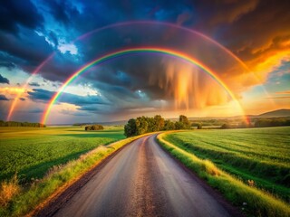Obraz premium Double Rainbow Arcing Over Scenic Country Road at Sunset - Stunning Nature Photography