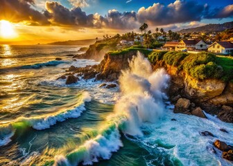 Fototapeta premium Dramatic Aerial View: Breaking Waves Crashing on Laguna Beach's Rocky Coastline