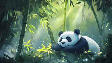 Peaceful panda bear resting in the bamboo forestland. Frostglint. Illustration