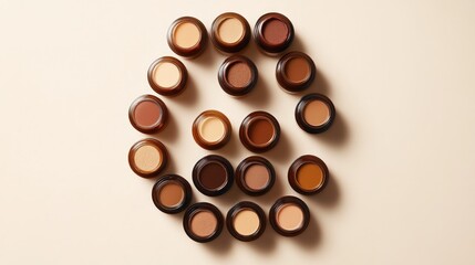 Fototapeta premium Foundation bottles with a variety of shades arranged in a circle on a light beige background.
