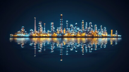 Glowing oil refineries mirrored in a ripple-effect on a dark blue background