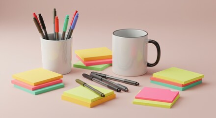 Naklejka premium Colorful office supplies with pens, sticky notes, and mug on desk