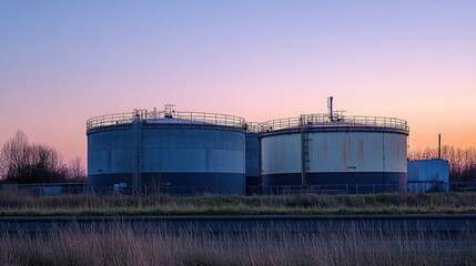 Industrial fuel storage tanks on a golden hour sky gradient background