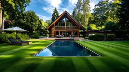 Countryside villa with garden view, spacious outdoor area, clean ad template space for text, serene and exclusive, ideal for rentals