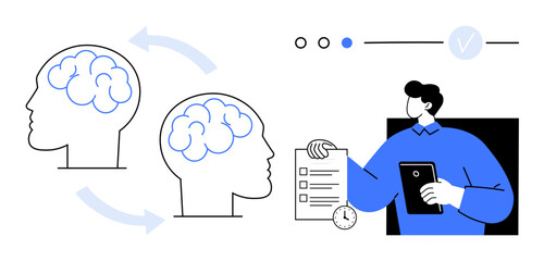 Two brain diagrams connected by arrows, representing knowledge transfer. Professional holding a checklist and tablet. Ideal for education, training, communication, productivity, teamwork, management