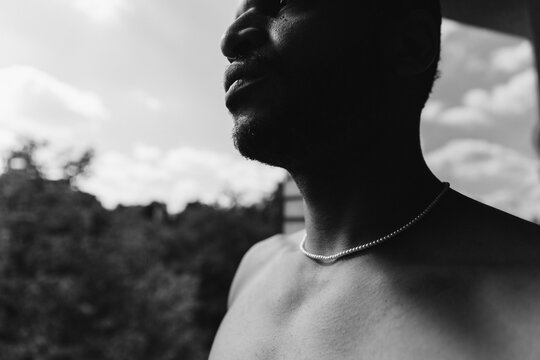 Close-Up of Man&acirc;s Face and Neck in Black and White
