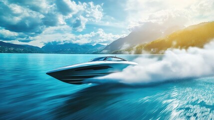 A sleek racing boat speeding across a bright blue lake, creating a splash of water behind it.