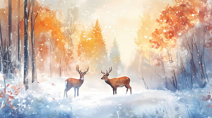 Frosty forest, deer grazing in snow, early morning light, watercolor style. Frostglint. Illustration