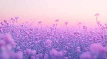 Naklejka premium Lavender flowers bloom beautifully under a soft pastel sky during sunset in a serene landscape. Generative AI