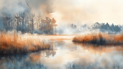 Fototapeta premium Organic watercolor texture with abstract pastel tones, naturally blended for a soft look of an dreamed village with mountain, forest and river retro, vintage backdrop