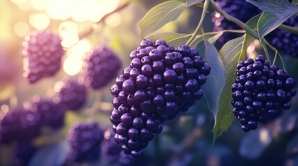 Fresh blackberries hanging from green leaves in a sunlit garden, capturing the essence of summer harvest. Generative AI