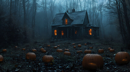 Halloween banner with haunted house with spooky pumpkins. old abandoned house in the night forest. cottage in mysterious forestland. Frostglint. Illustration