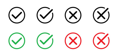 Checkmark cross symbols. Checkbox false wrong icons set. Vote checkmark, cross icons, symbols set. Vector icons