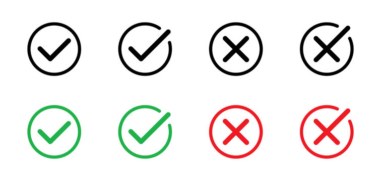 Checkmark cross symbols. Checkbox false wrong icons set. Vote checkmark, cross icons, symbols set. Vector icons