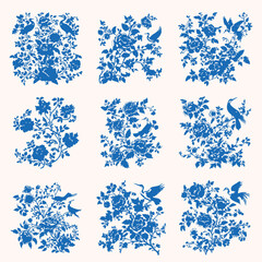 Chinoiserie botanical vintage line art, Victorian floral print
