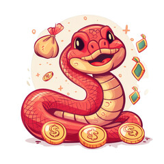 Obraz premium A cartoon snake with a bag of gold coins, sitting on top of three gold coins and smiling, against a light orange background with small stars and a gold circle.