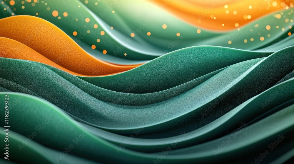 Poster wavy patterns in vibrant green and orange tones merge to create a dynamic visual experience. generat