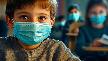 Young Caucasian boy reads a book attentively in a classroom, wearing a blue mask. Other masked children study in the background, indicating pandemic-era schooling and the adaptation of children to