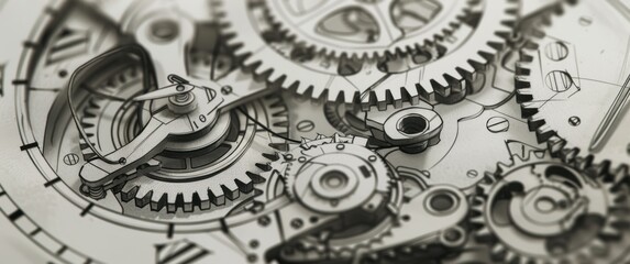 Hand-drawn clockwork study. Intricate gears springs in shadowed monochrome detail.  A precise rendering of mechanical artistry.
