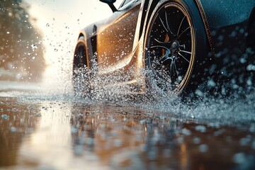 Luxury sports car splashes through puddle on rain-soaked road at sunset. Generative AI