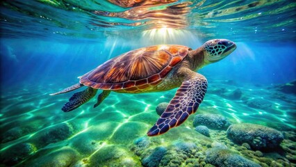 Fototapeta premium Aerial View of a Graceful Green Sea Turtle Swimming in the Vibrant Waters of Komodo Islands, Showcasing Marine Life and Stunning Underwater Landscape
