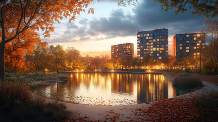 An Autumn Evening in a City Park, with a Tranquil Pond Reflecting the Fiery Hues of Fall Foliage, Surrounded by Paths Covered in Fallen Leaves, and Modern Apartment Buildings Silhouetd Against the sky